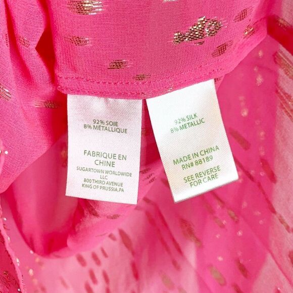 Lilly Pulitzer COLBY SILK CLIP TOP Neon Pink Gold Metallic Soleil Blouse Siz XXS - Picture 5 of 10